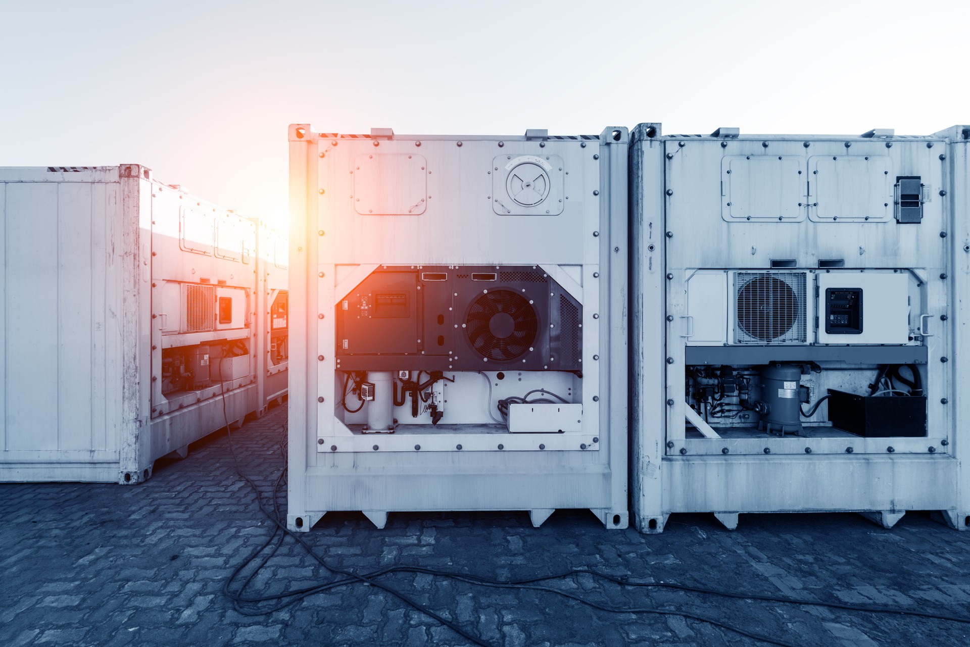 Stacked containers in a shipping terminal