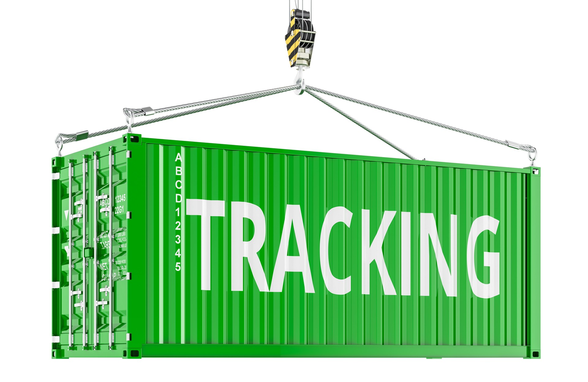 Shipment tracking and freight transportation, concept with green shipping container on crane hook. 3D rendering