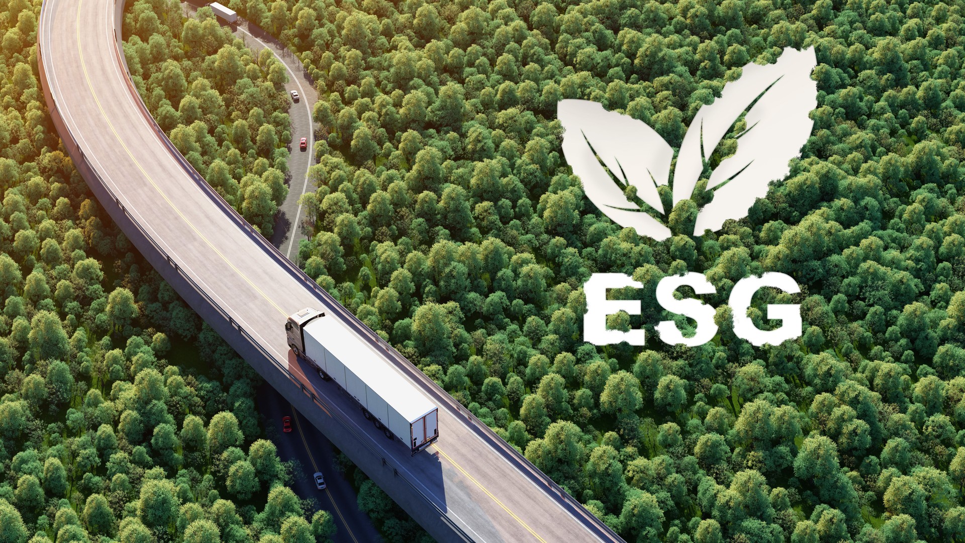 Sustainable logistics truck on forest highway with ESG symbol