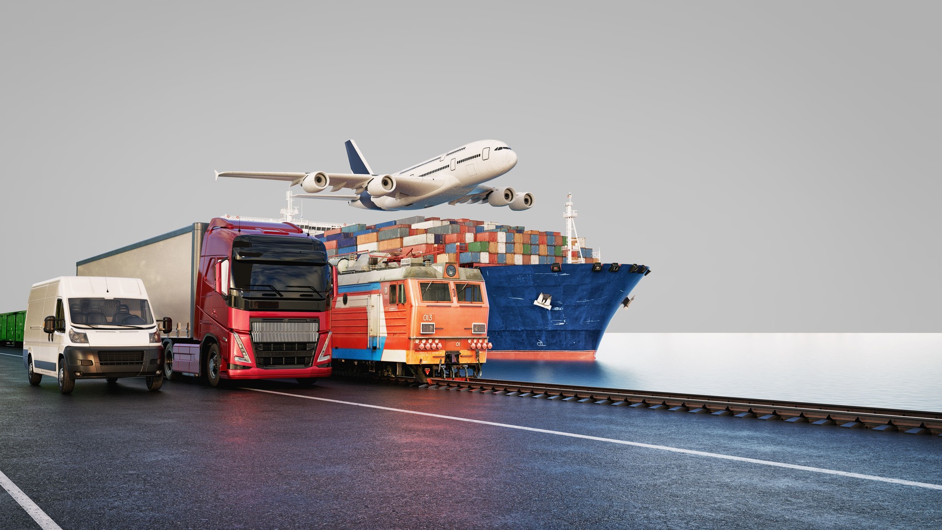 A dynamic scene showcasing intermodal transportation, featuring cargo containers, trucks, trains, a container ship, and an airplane in a logistics hub at sunset.