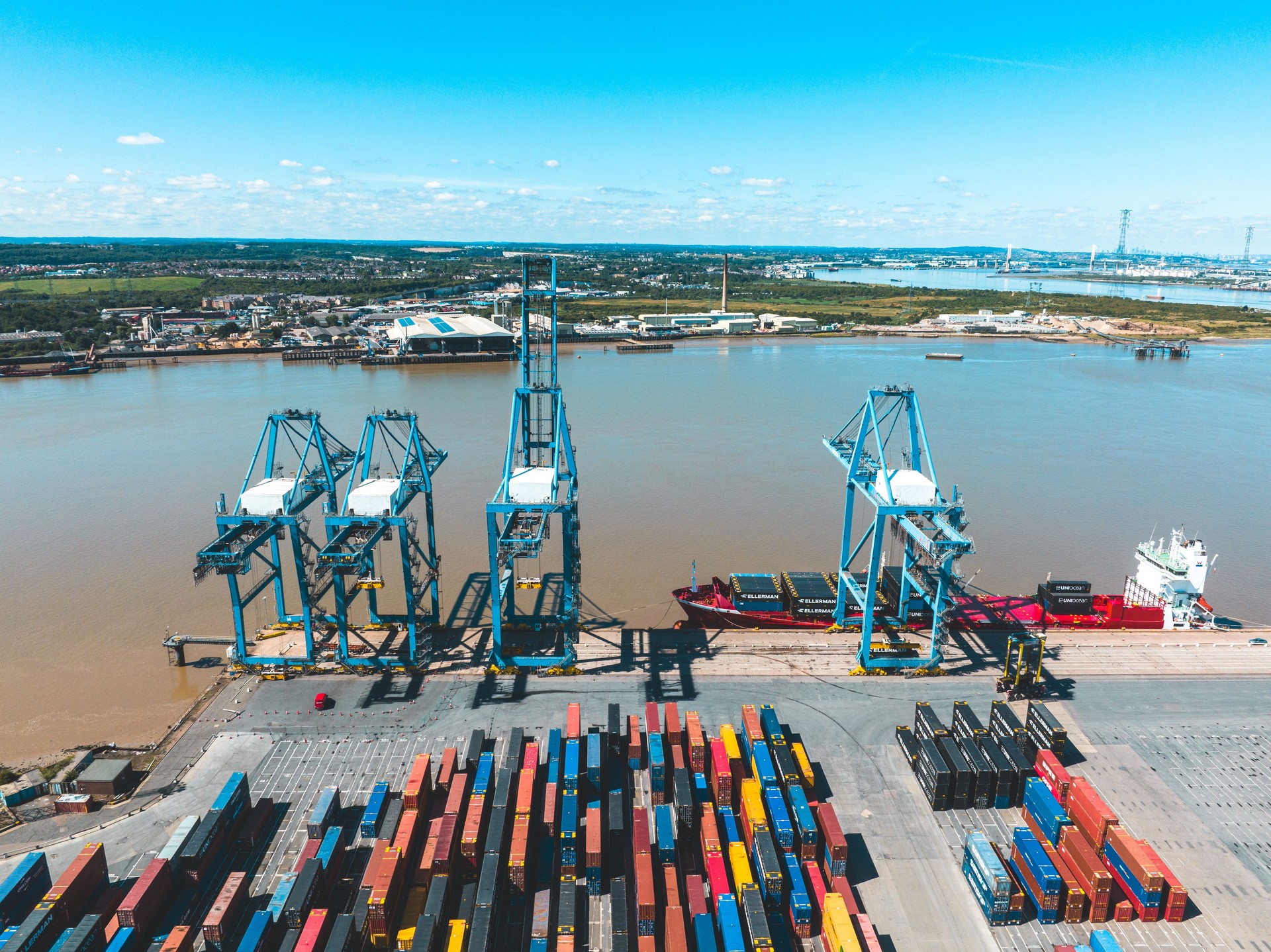 Drone view of Tilbury Docks in England